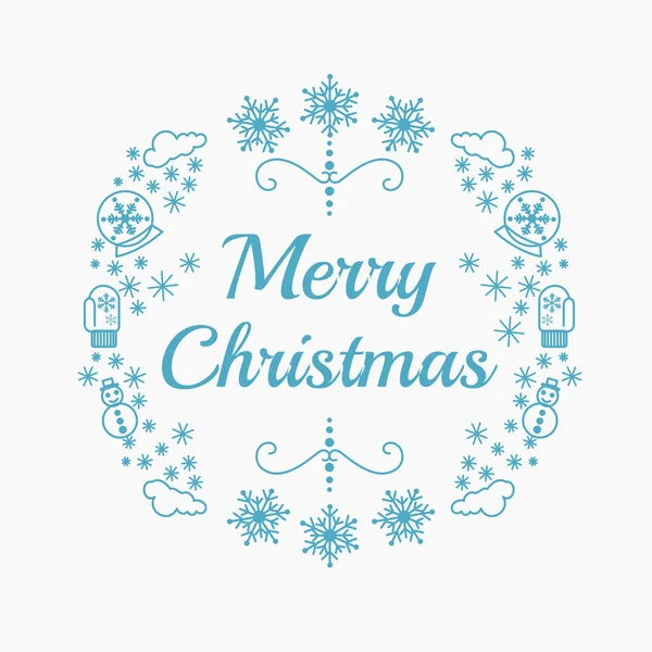 Christmas simgeleri beyaz zemin üzerine mavi renkli vektör Illustration. Düz çizgi stili çelenk ile Noel tebrik kartı. — Stok Vektör