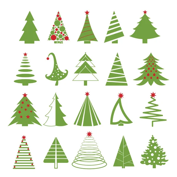 Vector illustration set of christmas trees in red and green colors on white background. Flat style. — Stock Vector