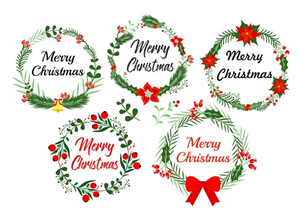 Yeni yıl tebrik kartı öğeleri. Noel çelenk ile kış çiçek ayarla. Düz stil vektör çizim.
