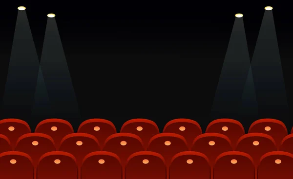 Ilustración vectorial de asientos de cine frente a pantalla negra con espacio para texto y luces de estilo plano . — Archivo Imágenes Vectoriales