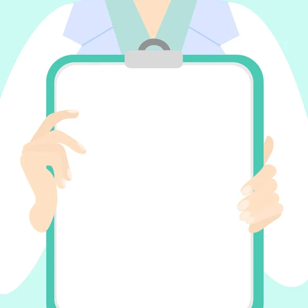 Vektorillustration eines Arztes, der eine Tafel mit Platz für Text hält. Ärztliche Hände halten eine Tablette mit weißem Hintergrund in flachem Stil. — Stockvektor