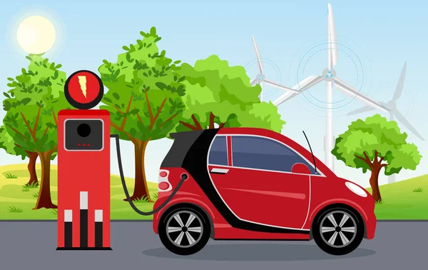 Ilustración vectorial del color rojo del coche eléctrico en la estación de carga con molinos de viento, árbol verde, sol, fondo azul del cielo. Vector Concepto de infografía de coches eléctricos. Concepto de electromovilidad e-motion . — Archivo Imágenes Vectoriales