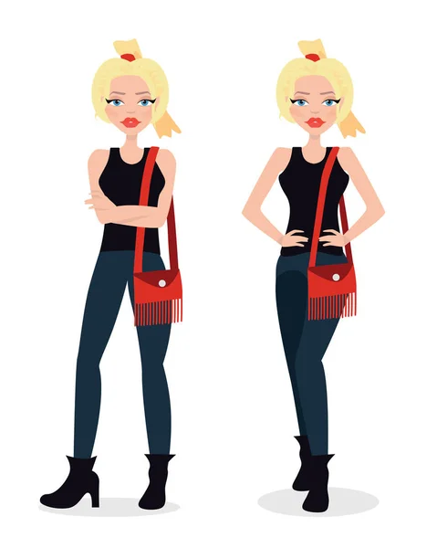 Vector illustration of a beautiful blonde girl in flared jeans, punk, fashion girl, in casual outfit. Flat style. — Stock Vector