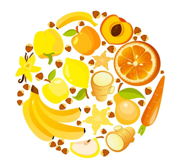 노란색과 빨간색 과일 및 채소의 원형 모양의 벡터 일러스트. 건강 한 영양 유기 개념 평면 스타일. — 스톡 벡터