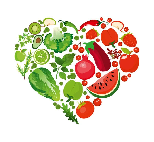 Vektor menggambarkan bentuk jantung buah merah dan sayuran. Konsep organik nutrisi sehat dalam gaya datar . - Stok Vektor