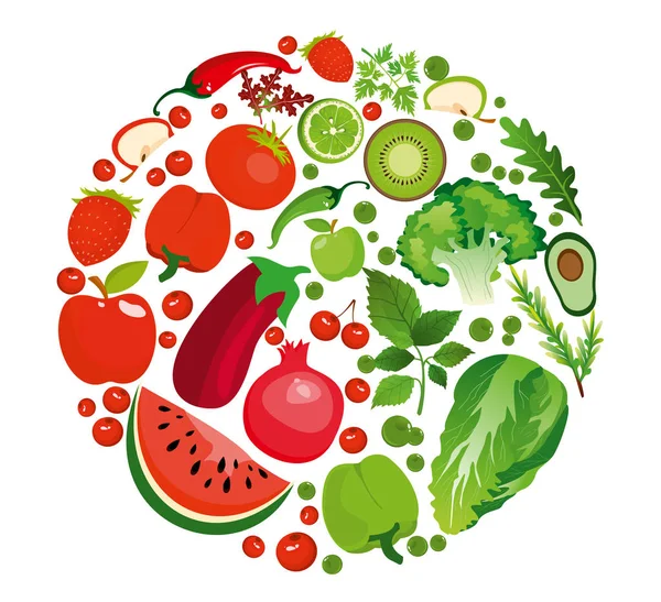 Wektor ilustracja koło kształt zielone i czerwone owoce i warzywa. Zdrowe odżywianie organiczny koncepcja płaski. — Wektor stockowy