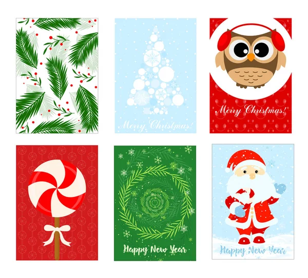 Illustration vectorielle Joyeux Noël jeu de cartes de vœux avec sapin de Noël, Père Noël et hibou dans des dessins plats . — Image vectorielle