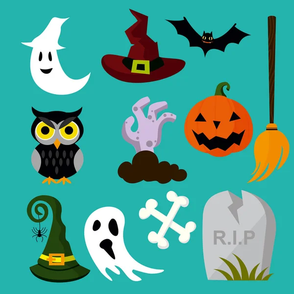 Vektorillustration av en Halloween element Uggla, hatt, grav, kvast, ghost. Halloween party tecken och ikon samling. Cartoon koncept i platt stil. — Stock vektor