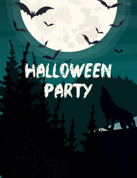 Vektor illustration Halloween part inbjudan eller gratulationskort. Wolf siluett, bat och månen på mörk himmel bakgrund. — Stock vektor