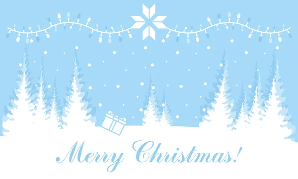Vektör illüstrasyon kış manzara ile bir Noel ağaçları ve düz tasarım beyaz ve mavi renklerde ışıklar. Mutlu Noeller. — Stok Vektör