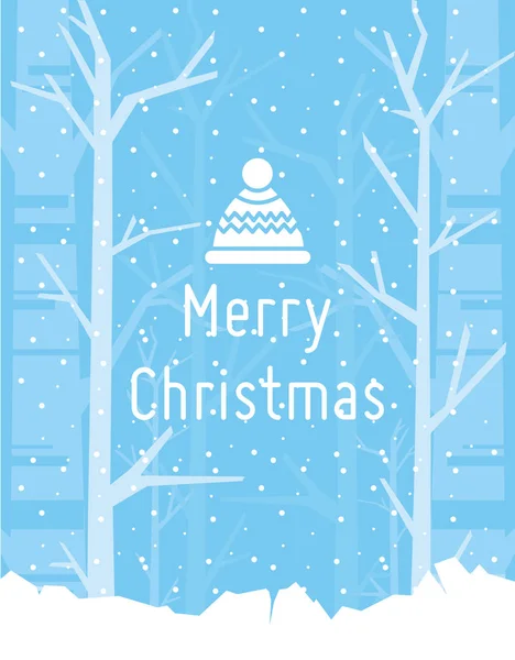 Noel tebrik kartı beyaz ağaç ve kar mavi arka plan ve kış manzara düz stil vektör çizim. — Stok Vektör