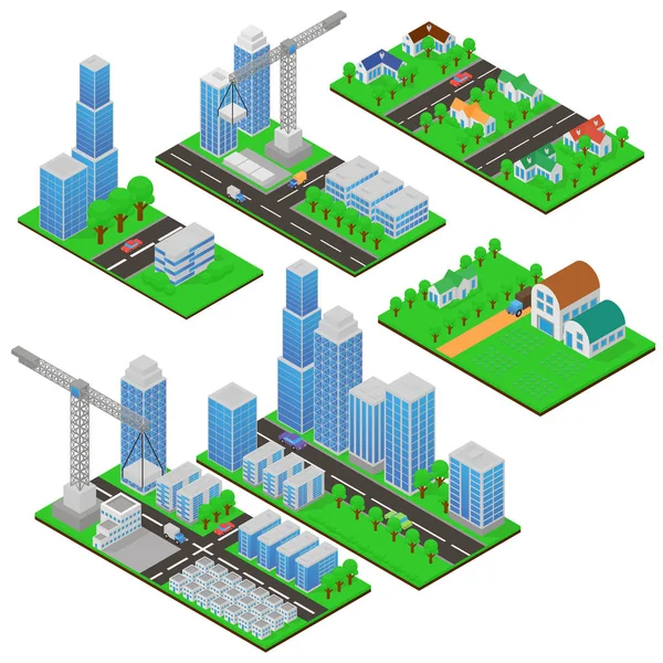 Isometrische Gebäude und Bauwerke mit Bäumen und Straßen. öffentliche Gebäude, Landhäuser, Wohnkomplexe und Wolkenkratzer in 3D im isometrischen Cartoon-Stil. — Stockvektor