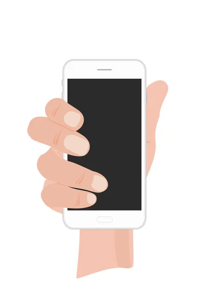 Vector illustration of hand holding white phone on white background in flat style. — Stock Vector