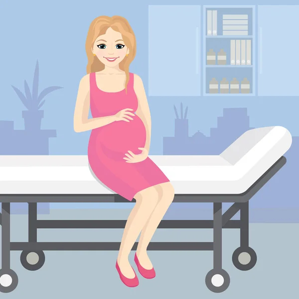 Ilustração vetorial de uma mulher grávida feliz sentada em um carrinho de hospital. Sorrindo grávida jovem bela mulher em estilo plano . —  Vetores de Stock