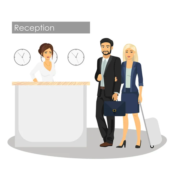 Ilustración vectorial del gerente y del cliente en la recepción del hotel. Servicio de conserjería. Llegada de hombres y mujeres o check in en el vestíbulo. Mujer en recepción . — Archivo Imágenes Vectoriales