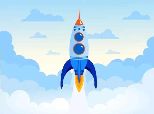 Vector illustratie concept van business opstarten van de ruimte raket. Rocket ship in de hemel met wolken in platte ontwerp. — Stockvector