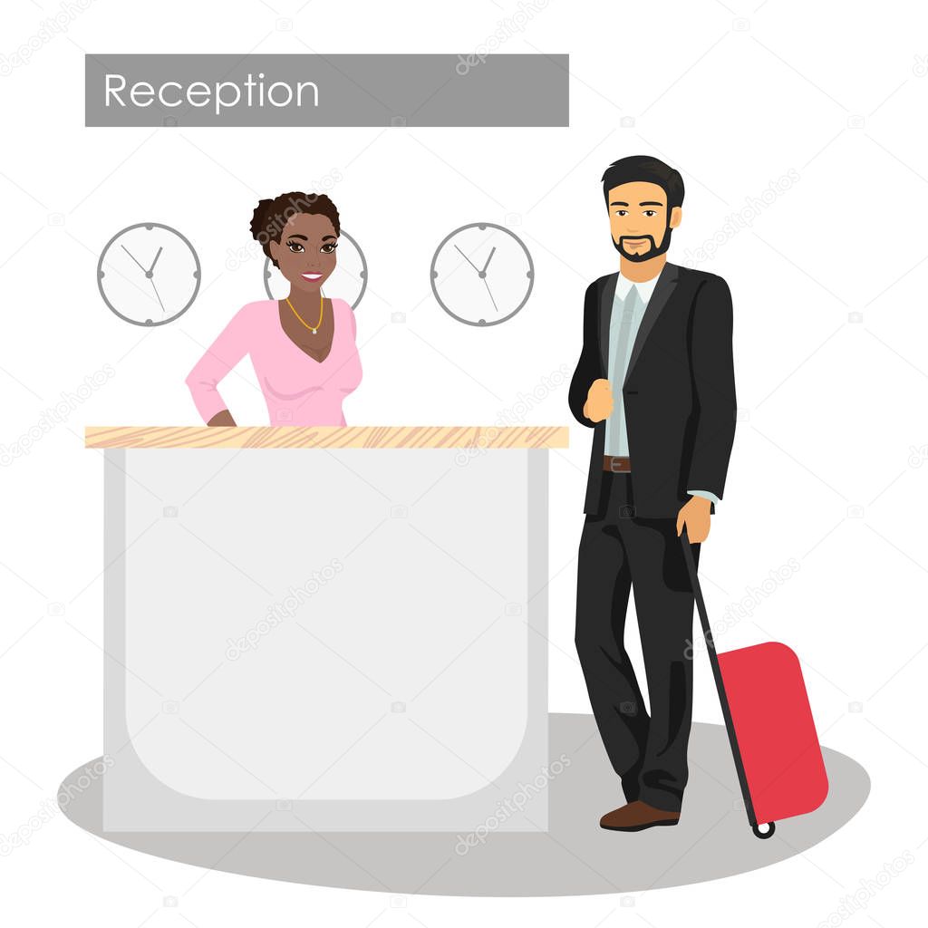 Vector illustration of manager and customer at hotel reception desk. Concierge service. Man arrival or check in at lobby. African American beautiful girl at reception.