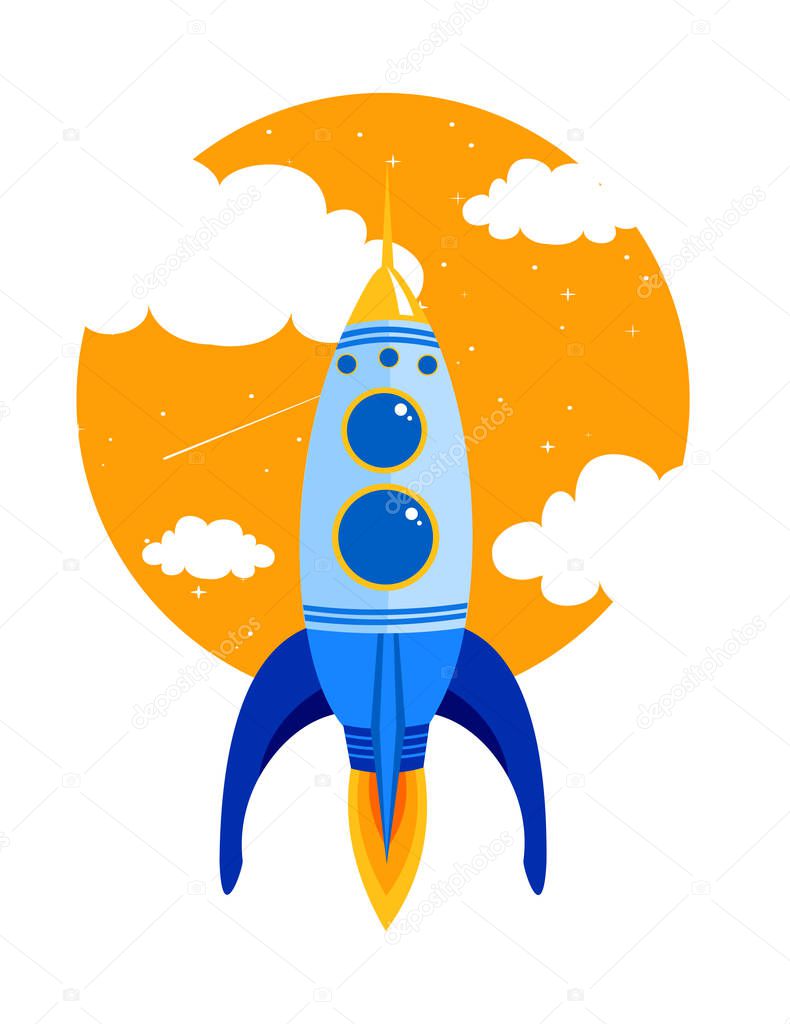 Vector illustration of Rocket quick flies in sky between clouds. Start up business concept in flat style.