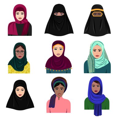 Vektör çizim hijab Icons set farklı Müslüman Arap kadın karakter. İslam Suudi Arap etnik kadınlar beyaz arka plan üzerinde izole düz tarzında geleneksel giyim.