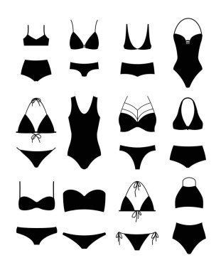 Vektör çizim modern mayo ve kadınlar s iç çamaşırı siluetleri beyaz arka plan üzerinde ayarlayın. Bikini kızlar için ayarla.