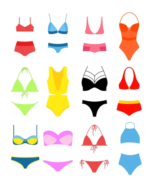 Vektor Illustration Set von Frauen Bikini zum Schwimmen. Modekollektion von modernen bunten, hellen Badeanzügen im flachen Stil. — Stockvektor