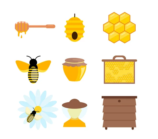 Ilustração vetorial de quadros coloridos e elementos de mel bumble, outros símbolos da apicultura. Abelha e mel amarelo doce em estilo de desenho animado plano . —  Vetores de Stock