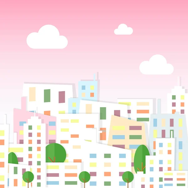 Vektor-Illustration der Papier-Stadtansicht im Cartoon-Flach-Stil. Stadt mit Häusern und Bäumen auf rosa Himmel Hintergrund. — Stockvektor
