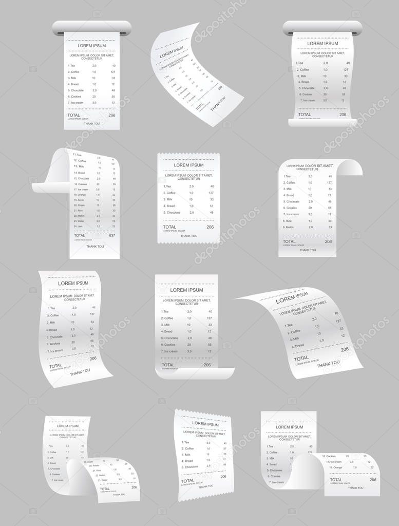 Vector illustration set of paper print checks and bills vector elements. Retail ticket isolated object, realistic atm bill, financial invoice on gray background.