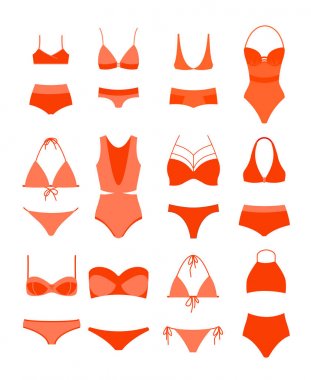 Kadın yaz bikini vektör çizim ayarlayın. Kadın iç çamaşırı, kadınların s Yüzme farklı tasarım türleri, kırmızı renkli bikini koleksiyonu içinde uygun..