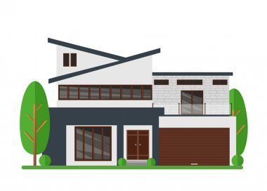 Güzel modern emlak ev vektör Illustration. Aile hayalinizdeki ev. Mimar iş kavramı. Cephe daire ev, düz stil yazlık.