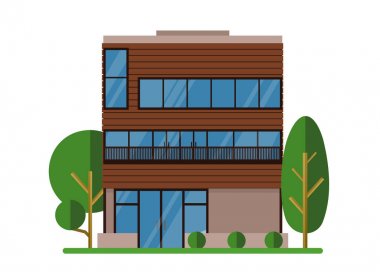 Güzel modern emlak ev vektör Illustration. Ağaçları ile aile hayalinizdeki ev. Mimar iş kavramı. Cephe daire ev, düz stil yazlık.