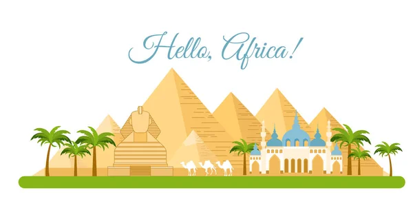 Vectorillustratie van Afrika reizen concept. Piramide symbool van Egypte, achtergrond Hallo Afrika, toerisme en reizen concept in vlakke stijl. — Stockvector