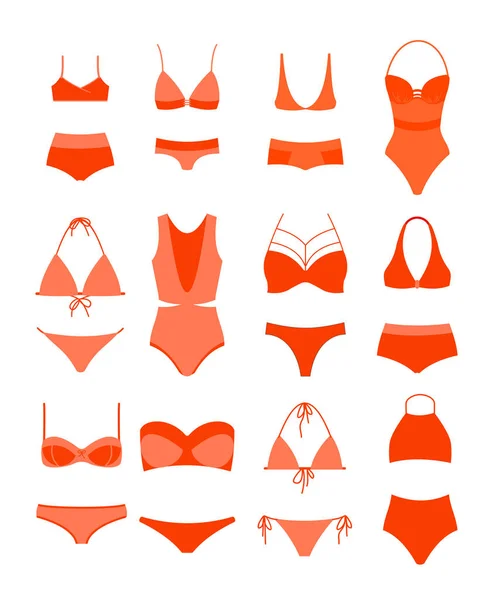 Ilustración vectorial del conjunto de bikini de verano femenino. Ropa interior femenina, trajes de baño de mujer en diferentes tipos de diseño, colección de bikini de color rojo . — Vector de stock