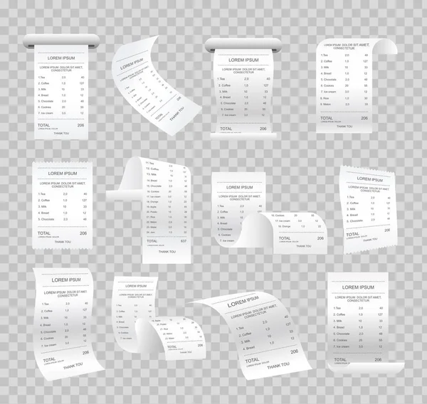 Vector illustratie set van realistische papier controles, wissels, diverse ontvangsten en gedrukte facturen op transparante achtergrond. — Stockvector