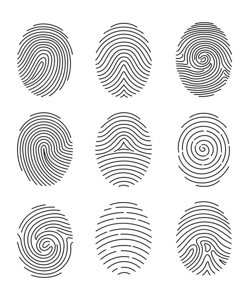 Set illustrazione vettoriale di nove tipi di impronte digitali linea nera su sfondo bianco . — Vettoriale Stock