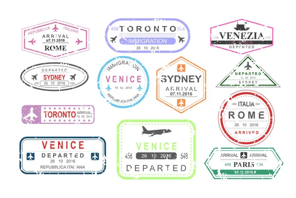 Vector illustratie verzameling van geïsoleerde visa paspoort stempels van aankomst en vertrek, toerisme teken, aankomst document, luchthaven thema, reizen concept. — Stockvector