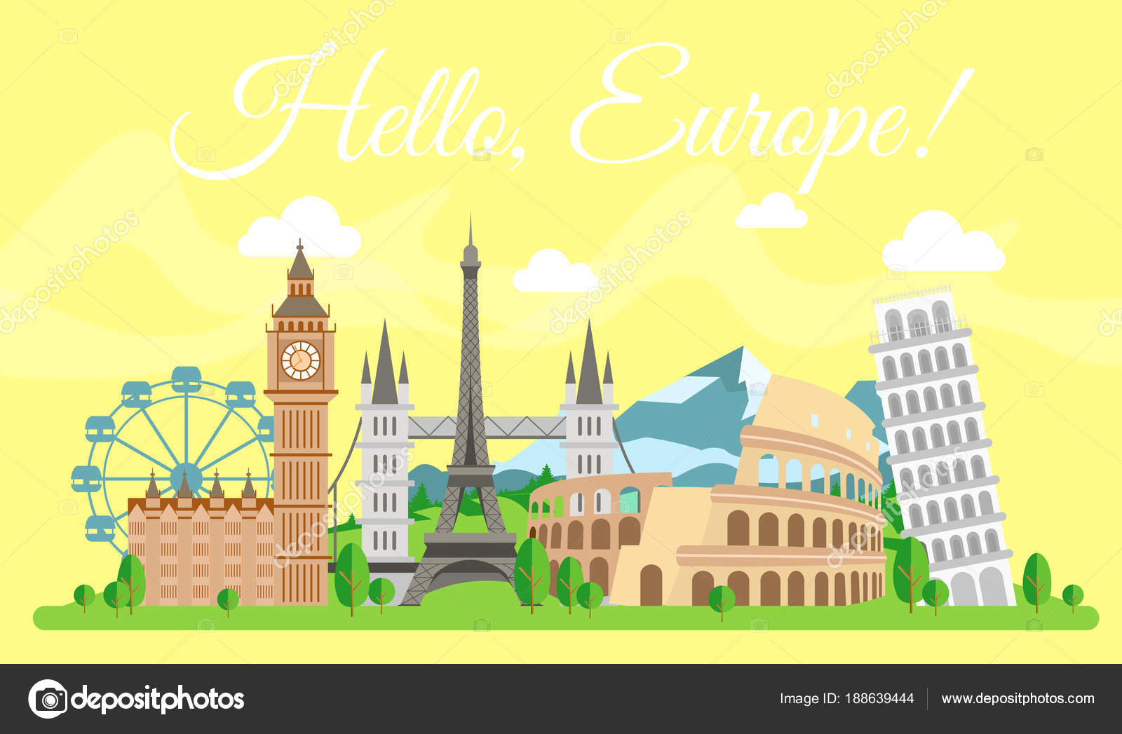 Vector illustration of travel concept. Hello Europe, welcome. Worldwide traveling. Most famous european historical buildings together in flat cartoon style. Stock Vector Image by ©Nataliia2910@ #188639444 Vector illustration of travel concept. Hello Europe, welcome. Worldwide traveling. Most famous european historical buildings together in flat cartoon style. Stock Vector Image by ©Nataliia2910@ #188639444