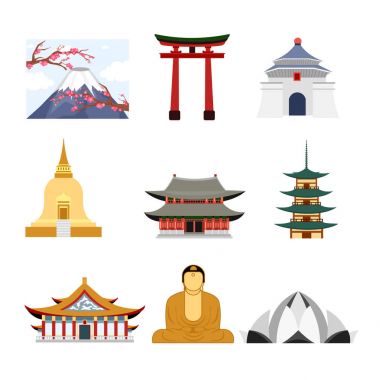 Seyahat Asya Asya ünlü binalar, volkan ve Buda heykeli simgeler kümesi illüstrasyon vektör, düz stil kavramında seyahat.