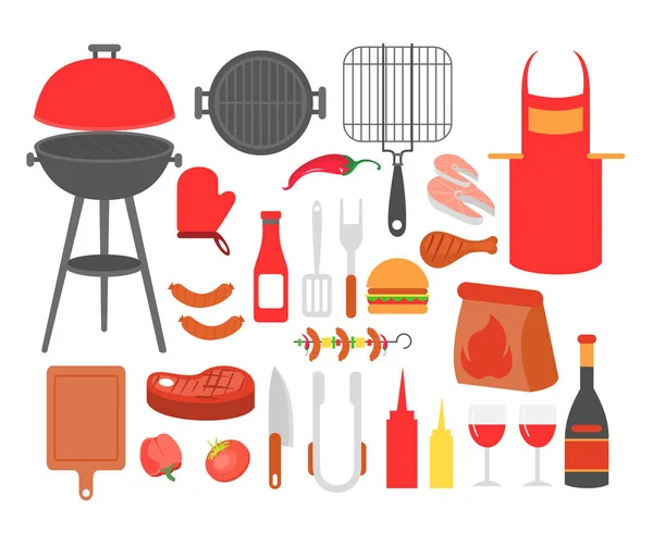 Vektorové ilustrace sada barbecue, Grilovaná jídlo steak, klobása, kuřecí maso, mořských plodů a zeleniny, všechny nástroje pro Bbq party, vařit jídlo mimo. — Stockový vektor