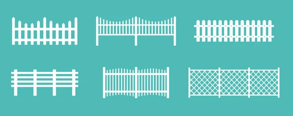 Conjunto de ilustración vectorial de cercas de madera rurales blancas, cercas de siluetas para conceptos de jardín y casa, estilo de dibujos animados planos . — Archivo Imágenes Vectoriales