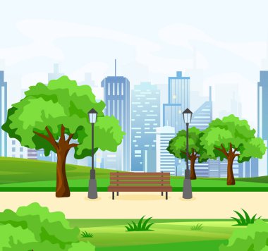 Güzel genel Şehir Parkı ağaçlar ve tezgah, ışıklar ve modern şehir manzaralı arka planda düz stil üzerinde vektör çizim.
