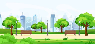 Bir güzel yaz, yeşil ağaçlar ve park banklar, büyük modern cityscape gökdelenler ile panoramik görünüm vektör Illustration. Düz çizgi film tarzı.