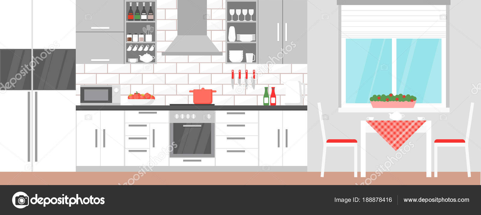 Vector Illustration Of Modern Kitchen Interior With Dining Table And Stuff For Cooking Food Stove Cupboard Dishes And Fridge In Flat Style Vector Image By Nataliia2910 Gmail Com Vector Stock 188878416