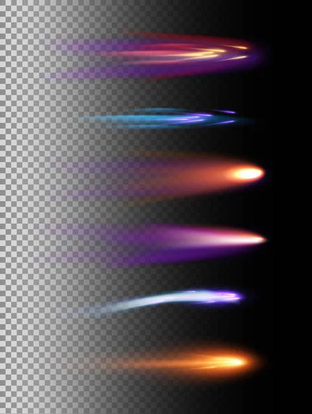 Illustrazione vettoriale serie di effetti di luce, meteora spaziale e cometa in diversi colori e forme su sfondo trasparente . — Vettoriale Stock