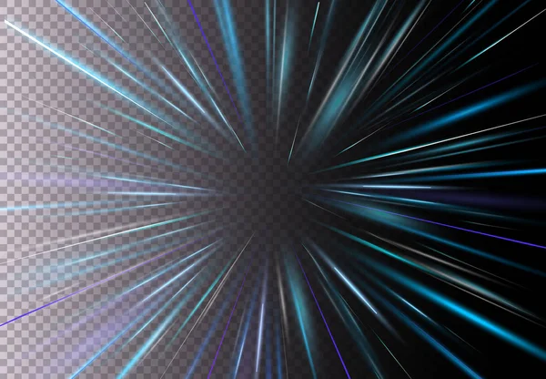 Illustrazione vettoriale di alta velocità, effetto luce di movimento, luce con bagliore della lente. Starburst mossa veloce su sfondo trasparente. Raggi magici blu . — Vettoriale Stock