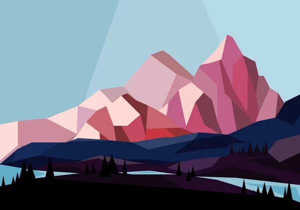 Illustrazione vettoriale di bellissimo paesaggio di montagna in stile geometrico in colori rosa e blu, design piatto . — Vettoriale Stock