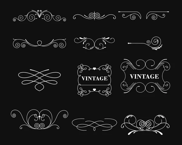Conjunto de ilustración vectorial de elementos de decoración vintage de color blanco y líneas de mimbre sobre fondo negro. Elementos de diseño caligráfico para tarjetas de felicitación . — Vector de stock