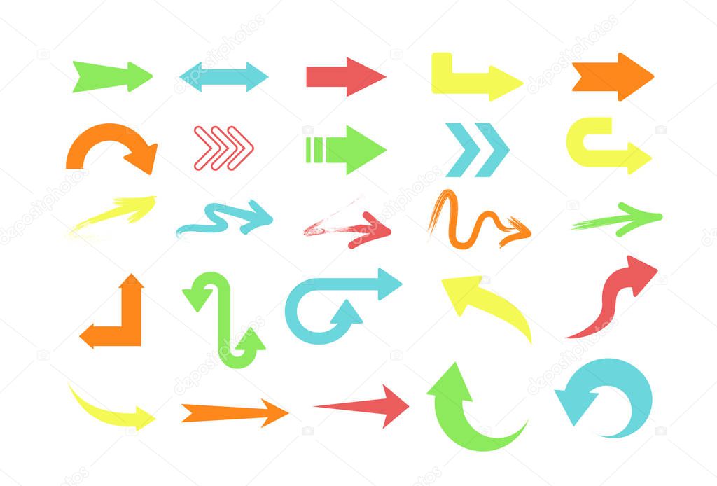 Vector illustration set of different colors arrows, pointers collection on white background.