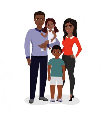 Güzel mutlu aile vektör Illustration. Afrika kökenli Amerikalı ebeveynler ve çocuklar. Çizgi film anne, baba, dother ve düz stil kardeşi gülümseyen.