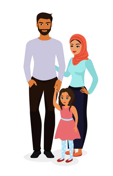 Vector illustration of happy and beautiful Arab family. Mother in hijab, father and daughter in flat cartoon style. — Stock Vector